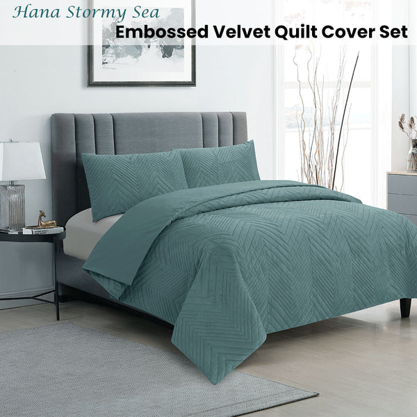 Ardor Hana Stormy Sea Embossed Velvet Quilt Doona Duvet Cover Set King