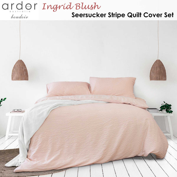 Ardor Ingrid Seersucker Stripe Quilt Doona Duvet Cover Set Double Blush Pink