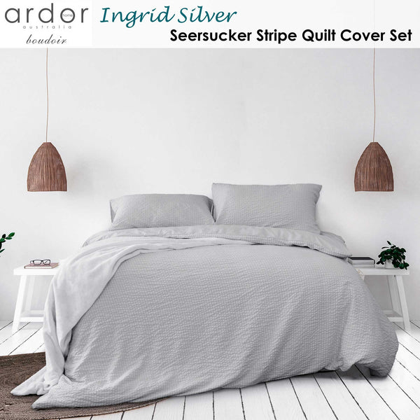 Ardor Ingrid Seersucker Stripe Quilt Doona Duvet Cover Set King Silver Grey