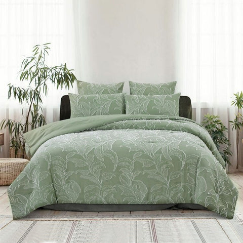 Ardor Kiah Pale Olive Textured Jacquard Quilt Doona Duvet Cover Set Queen