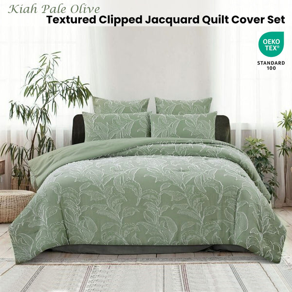 Ardor Kiah Pale Olive Textured Jacquard Quilt Doona Duvet Cover Set Queen