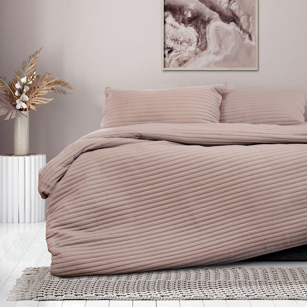 Ardor London Embossed Stripe Quilt Doona Duvet Cover Set Bark Queen