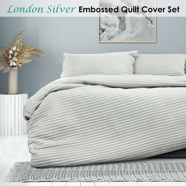 Ardor London Embossed Stripe Quilt Doona Duvet Cover Set Silver Queen