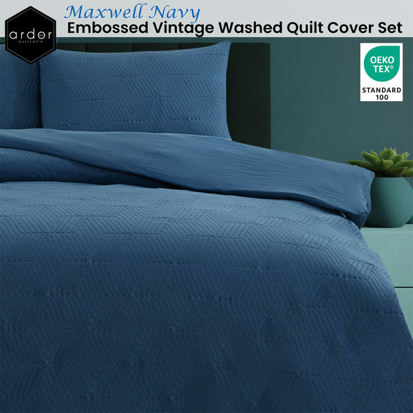 Ardor Maxwell Navy Embossed Vintage Washed Quilt Doona Duvet Cover Set Queen
