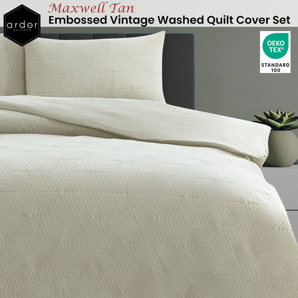 Ardor Maxwell Tan Embossed Vintage Washed Quilt Doona Duvet Cover Set King
