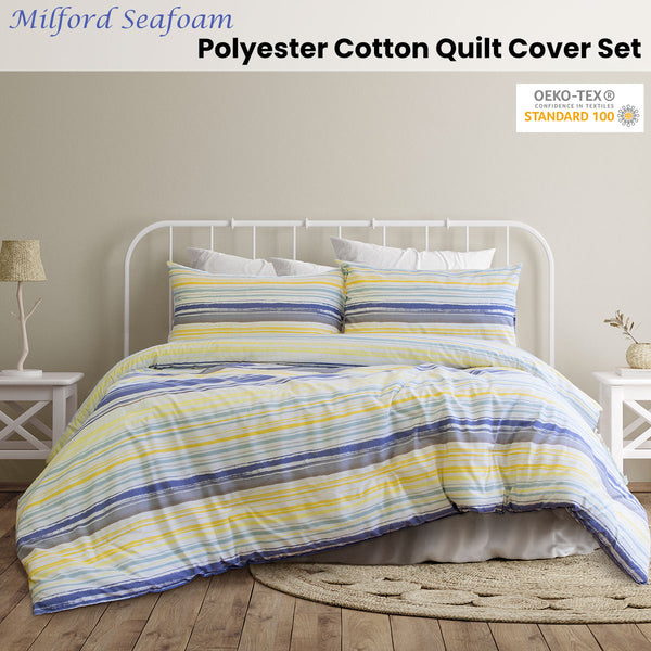Ardor Milford Striped Polyester Cotton Quilt Doona Duvet Cover Set King Seafoam