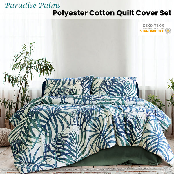 Ardor Palms Polyester Cotton Quilt Doona Duvet Cover Set Queen Blue