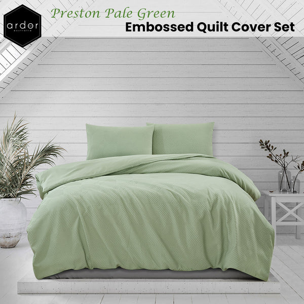 Ardor Preston Pale Green Embossed Quilt Doona Duvet Cover Set Queen