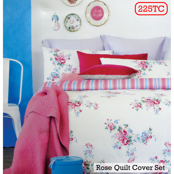 Ardor Rose Floral 225TC Cotton Poly Quilt Doona Duvet Cover Set Pink King