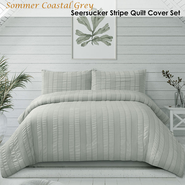 Ardor Sommer Seersucker Stripe Quilt Doona Duvet Cover Set King Grey