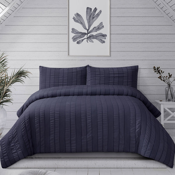 Ardor Sommer Seersucker Stripe Quilt Doona Duvet Cover Set Queen Indigo