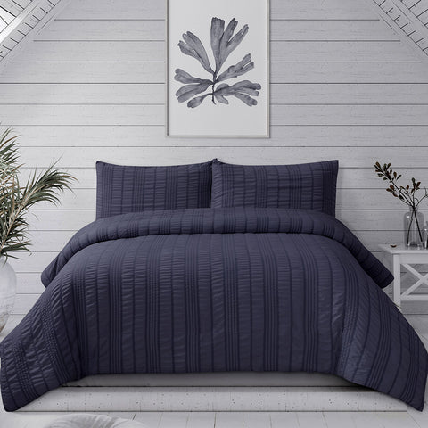 Ardor Sommer Seersucker Stripe Quilt Doona Duvet Cover Set Queen Indigo