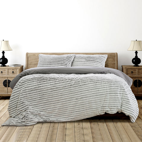 Ardor Striped Faux Fur Grey Super Soft Quilt Doona Duvet Cover Set Double