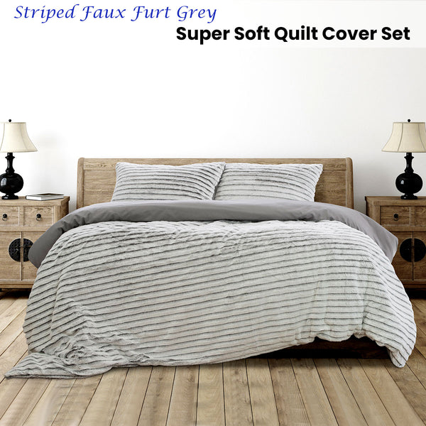Ardor Striped Faux Fur Grey Quilt Doona Duvet Cover Set Queen