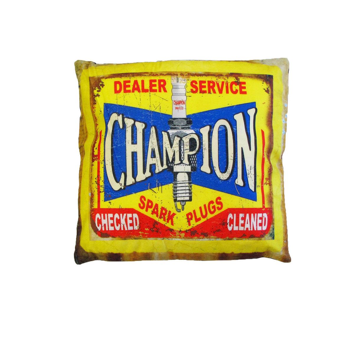 Retro Filled Cushion Champion Spark Plugs Checked Cleaned 40 x 40cm