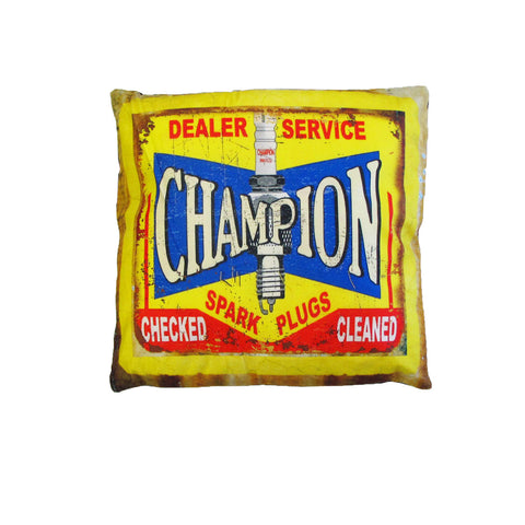 Retro Filled Cushion Champion Spark Plugs Checked Cleaned 40 x 40cm