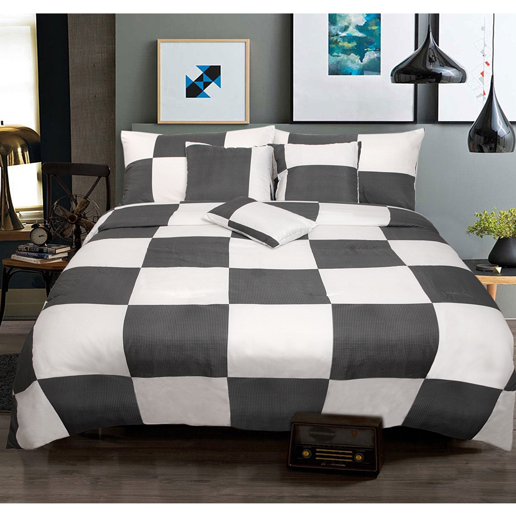 Shangri-La 6 Piece Check Comforter Bedspread Coverlet Set Charcoal Queen
