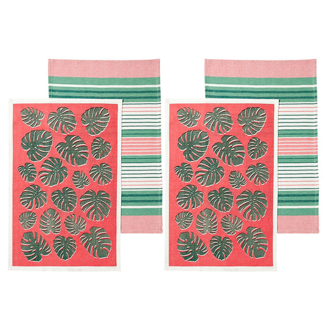 Ladelle Set of 4 Bahamas Kitchen Cotton Tea Towels Coral