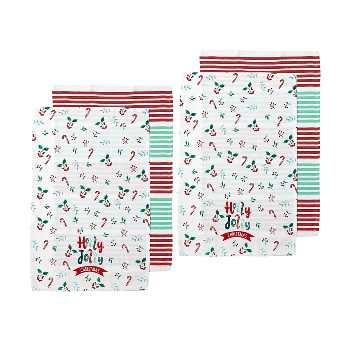 Ladelle 4 x Joyful Holly Jolly Christmas Cotton Kitchen Tea Towels 45 x 70cm
