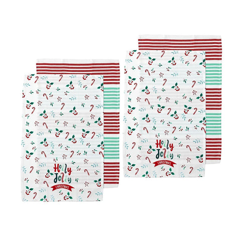 Ladelle 4 x Joyful Holly Jolly Christmas Cotton Kitchen Tea Towels 45 x 70cm