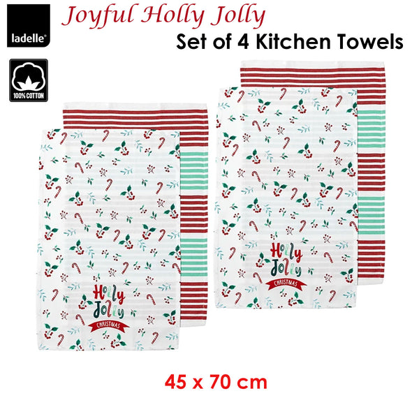 Ladelle 4 x Joyful Holly Jolly Christmas Cotton Kitchen Tea Towels 45 x 70cm