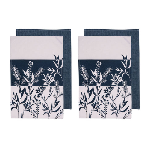 Set of 4 Homespun Flower Cotton Kitchen Tea Towels 50 x 70cm Denim