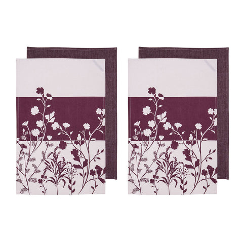 Set of 4 Homespun Flower Cotton Kitchen Tea Towels 50 x 70 cm Mulberry