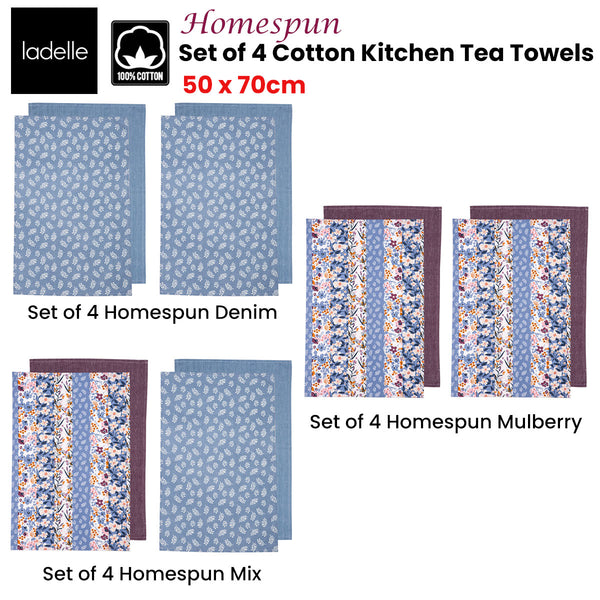 Set of 4 Homespun Cotton Kitchen Tea Towels 50 x 70 cm Mulberry
