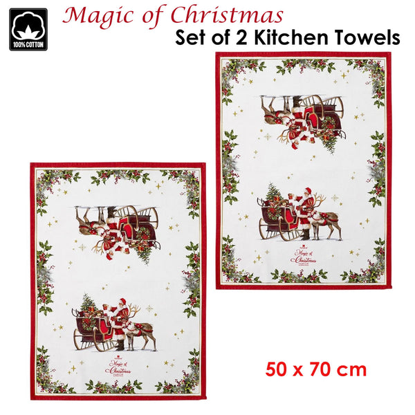 Pair Magic of Christmas Richard Macneil Cotton Kitchen Tea Towels 50 x 70cm