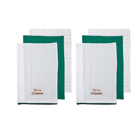 Joyful Merry Christmas Set of 6 Cotton Kitchen Towels Green
