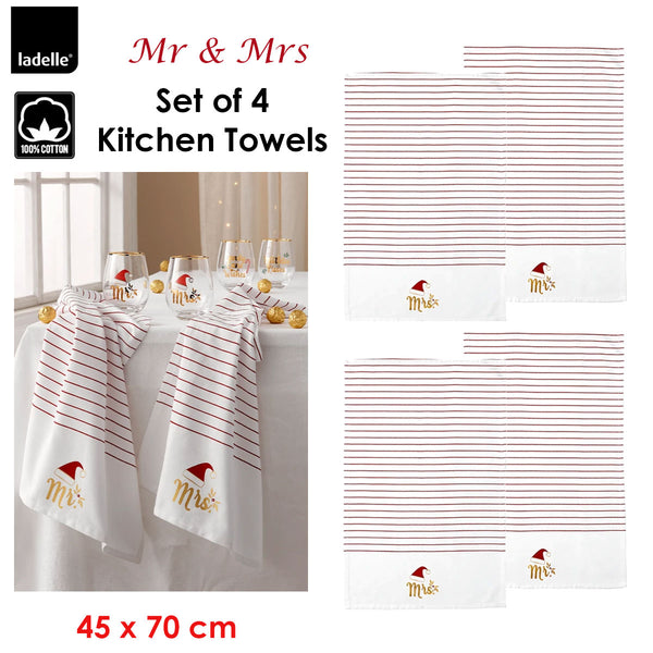 Ladelle 4 x Mr & Mrs Christmas Hat Cotton Kitchen Tea Towels 45 x 70cm