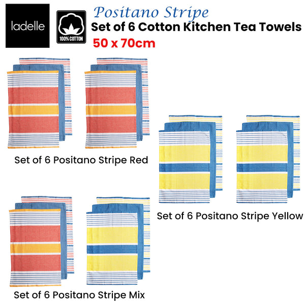 Set of 6 Positano Stripe Cotton Kitchen Tea Towels 50 x 70 cm Red