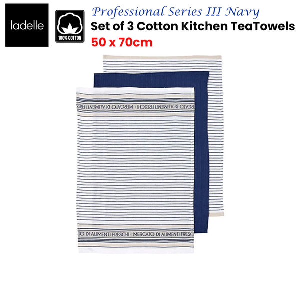 Ladelle Set of 3 Professional Series III Cotton Kitchen Tea Towels Navy 50 x 70cm