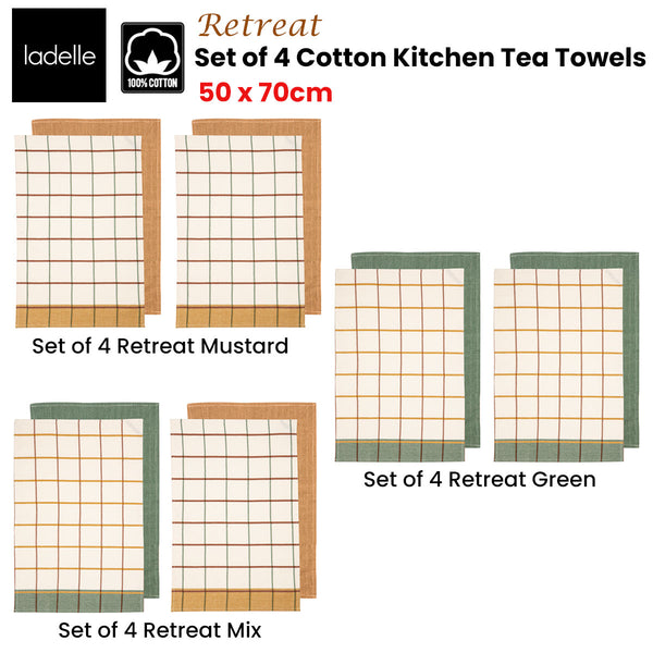 Set of 4 Retreat Cotton Kitchen Tea Towels 50 x 70 cm Mix
