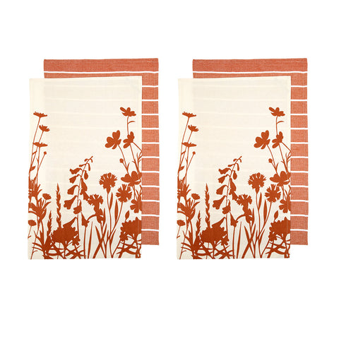 Set of 4 Sanctuary Floral Cotton Kitchen Tea Towels 50 x 70 cm Terracotta