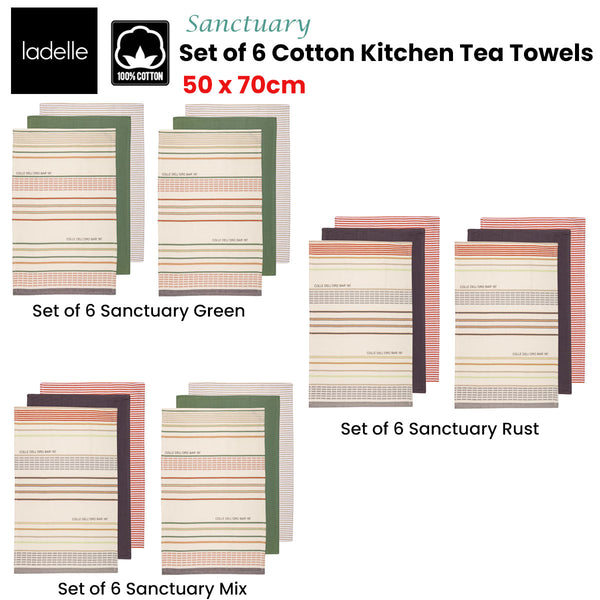 Set of 6 Sanctuary Cotton Kitchen Tea Towels 50 x 70 cm Green