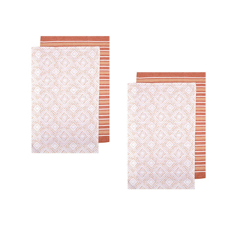 Ladelle Set of 4 Sanctuary Geometric Terracotta Cotton Tea Towels 45 x 70cm