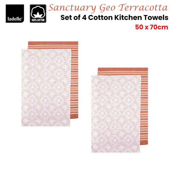 Ladelle Set of 4 Sanctuary Geometric Terracotta Cotton Tea Towels 45 x 70cm