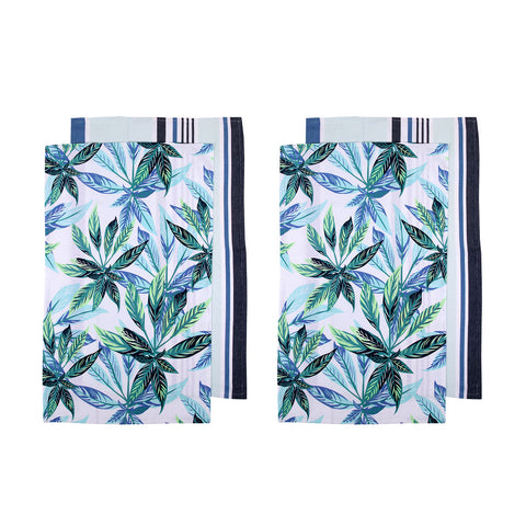 Ladelle Set of 4 Zest Leaves Cotton Kitchen Tea Towels 50 x 70cm Blue Green