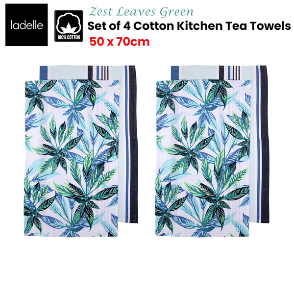 Ladelle Set of 4 Zest Leaves Cotton Kitchen Tea Towels 50 x 70cm Blue Green
