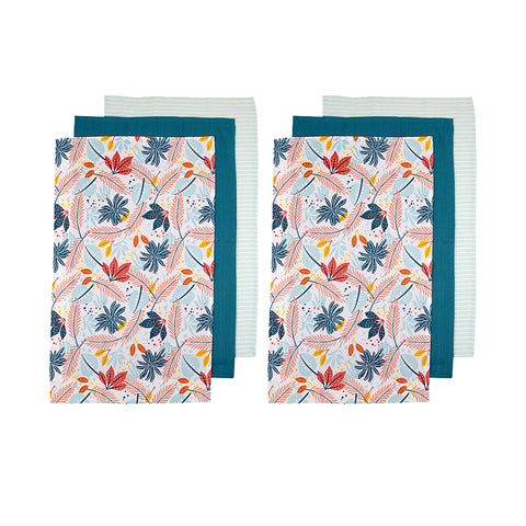 Set of 6 Zest Bright Cotton Kitchen Tea Towels 50 x 70 cm Leaves