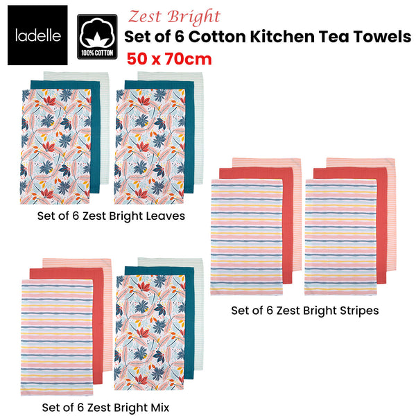Set of 6 Zest Bright Cotton Kitchen Tea Towels 50 x 70 cm Leaves