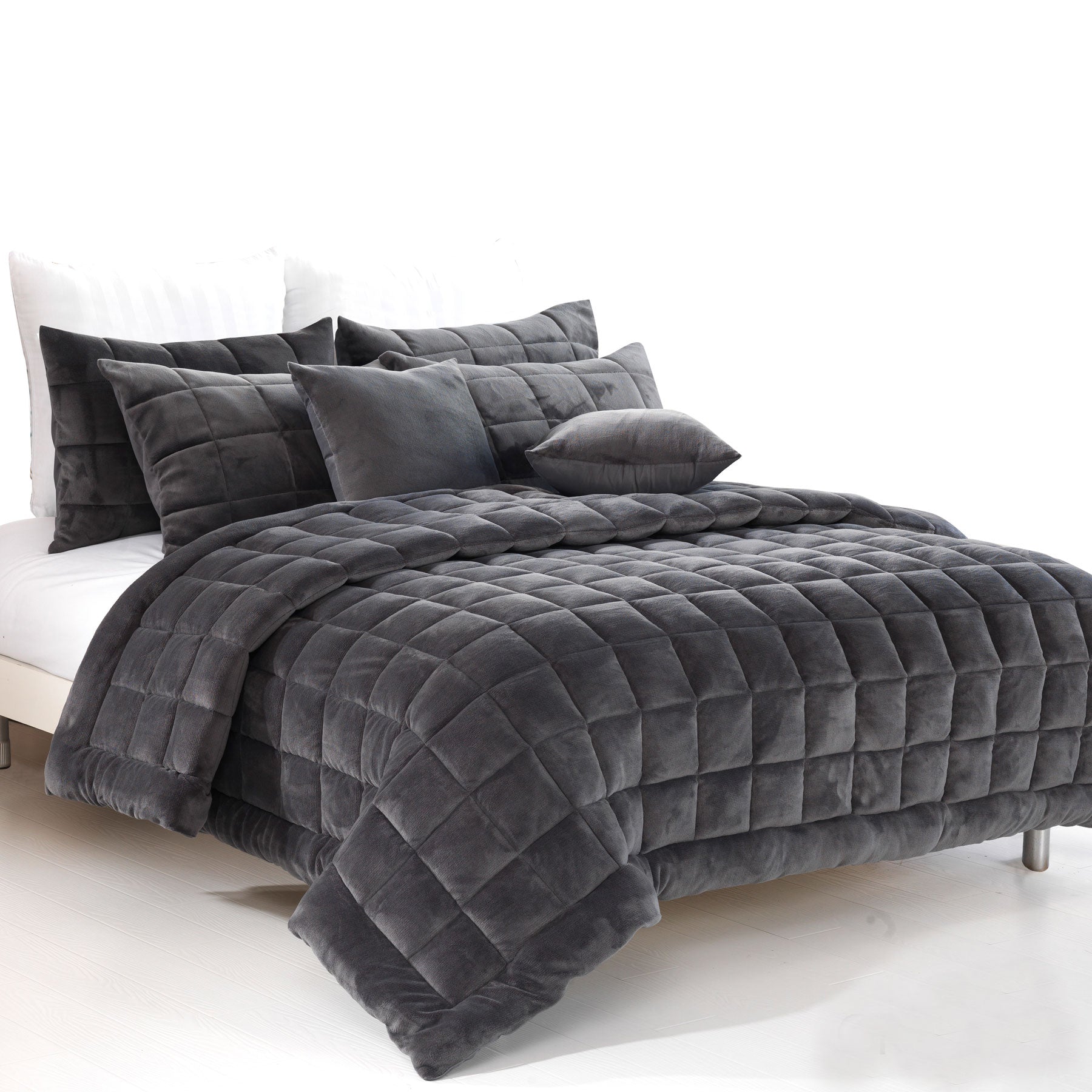 Alastairs Augusta Faux Mink Quilt Bedspread Comforter Set Charcoal Grey King