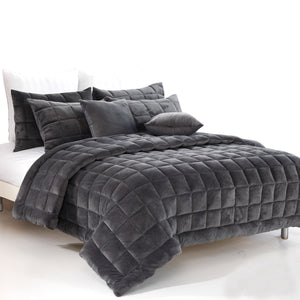 Alastairs Augusta Faux Mink Quilt Bedspread Comforter Set Charcoal Grey King
