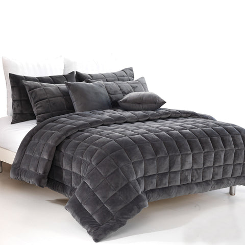 Alastairs Augusta Faux Mink Quilt Bedspread Comforter Set Charcoal Grey King