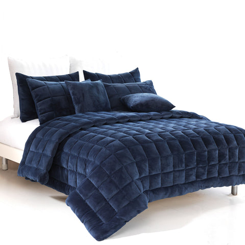 Alastairs Augusta Faux Mink Quilt Bedspread Comforter Set Navy Blue Super King
