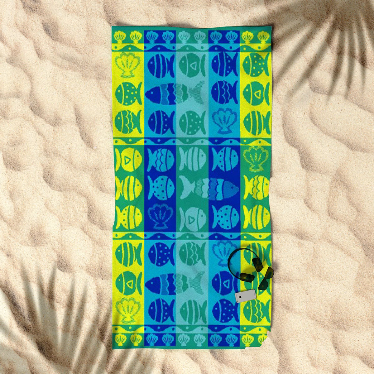 Cotton Velour Jacquard Reversible Beach Towel 400gsm Fish Shells 80 x 160cm