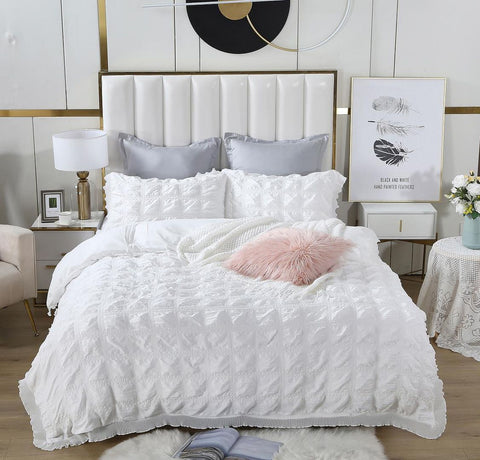 Ruffles Textured Jacquard Super King Size White Duvet Doona Quilt Cover Set