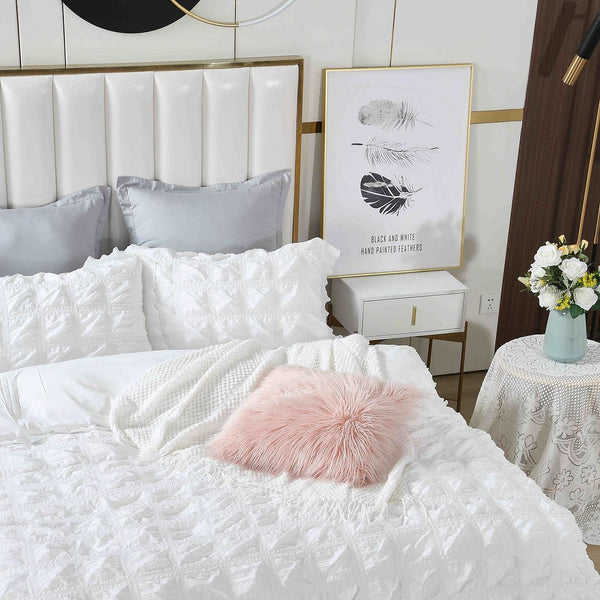 Ruffles Textured Jacquard Super King Size White Duvet Doona Quilt Cover Set