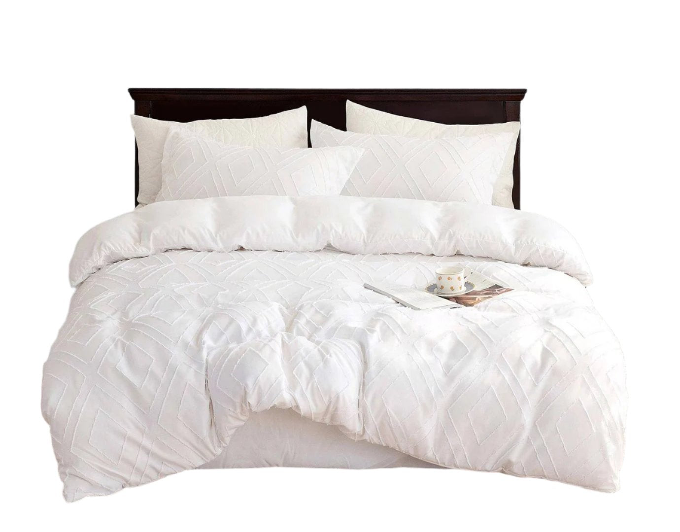 Tufted Diamond Jacquard Queen Size White Duvet Quilt Cover Set